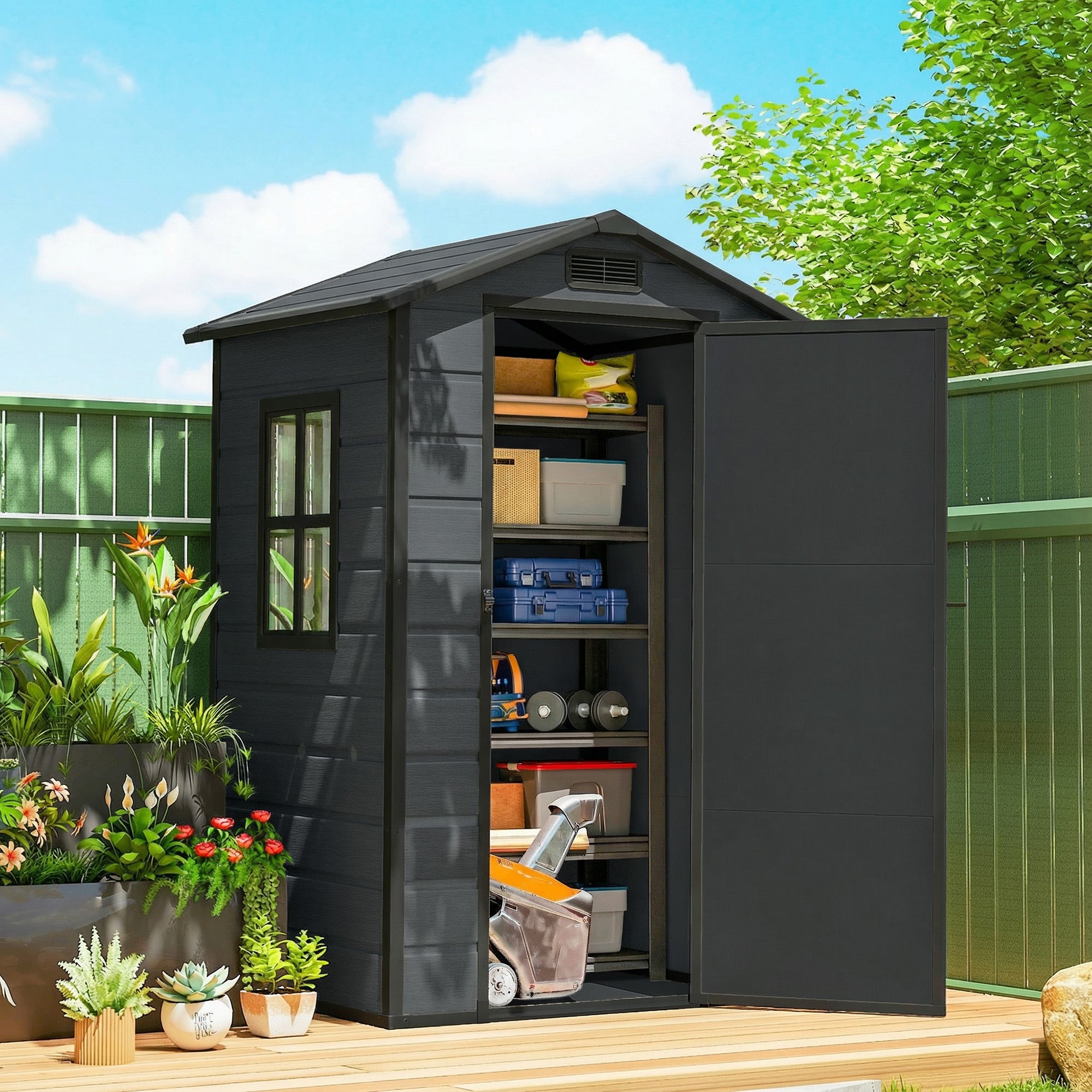 Outsunny 4 x 3 ft Plastic Garden Shed with Floor, Outdoor Storage Shed with Lockable Door, Window and Vent, Dark Grey 