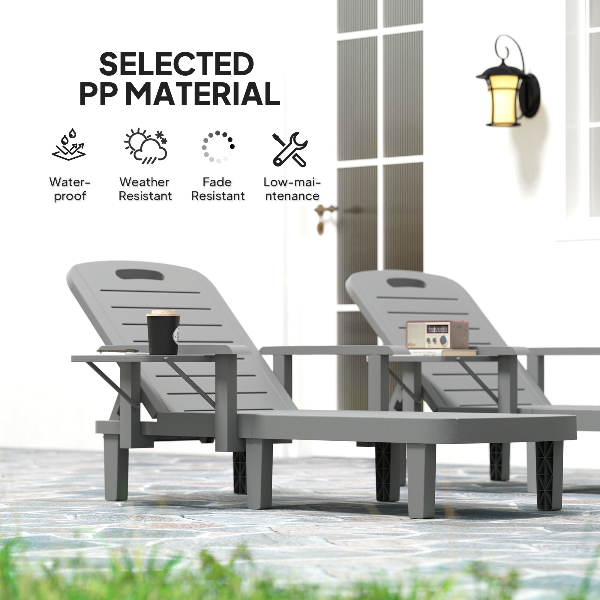 Outsunny Set of 2 Resin Reclining Sun Loungers for Garden, 5 Positions Adjustable Outdoor Chaise Lounge Chairs with Wood Texture Surface, Armrests, Foldable Side Table for Garden, Beach, Dark Grey 