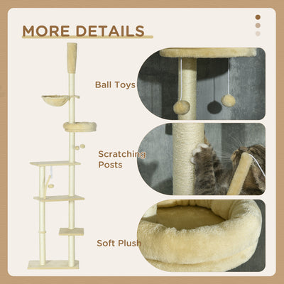 PawHut Floor to Ceiling Cat Tree for Indoor Cats, 6-Tier Play Tower Climbing Activity Center with Scratching Post, Platforms, Bed, Hammock, Adjustable Height 230-250cm, Beige 