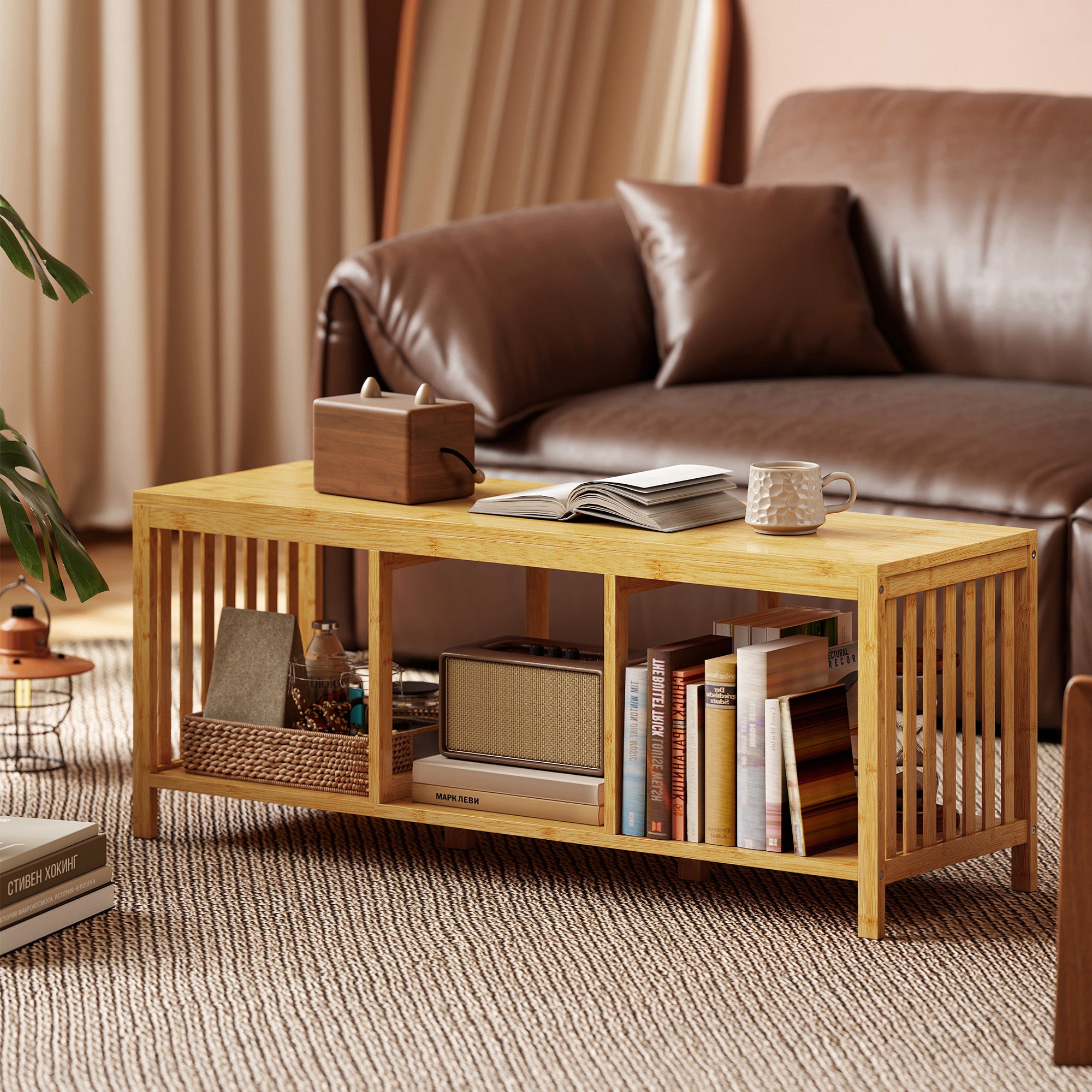 HOMCOM Bamboo Shoe Bench, Entryway Storage Bench with Padded Cushion and Open Shelf, Natural Wood Finish 