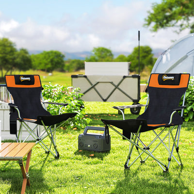 Outsunny Set of 2 Reclining Folding Camping Chair w/ Detachable Footrest, Storage Bag, Cup Holder & Headrest, Lightweight Portable Camp Chair for Beach, Picnic, Orange and Black 