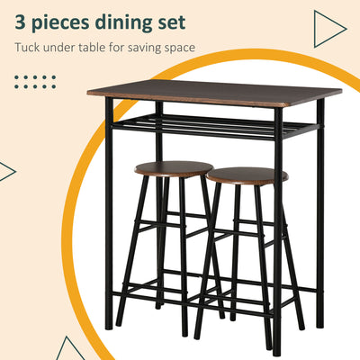 HOMCOM Bar Table Set, Bar Table and Stools Set, Footrest and Storage Shelf, for Kitchen, Dining Room, Pub, Cafe, Black and Oak 