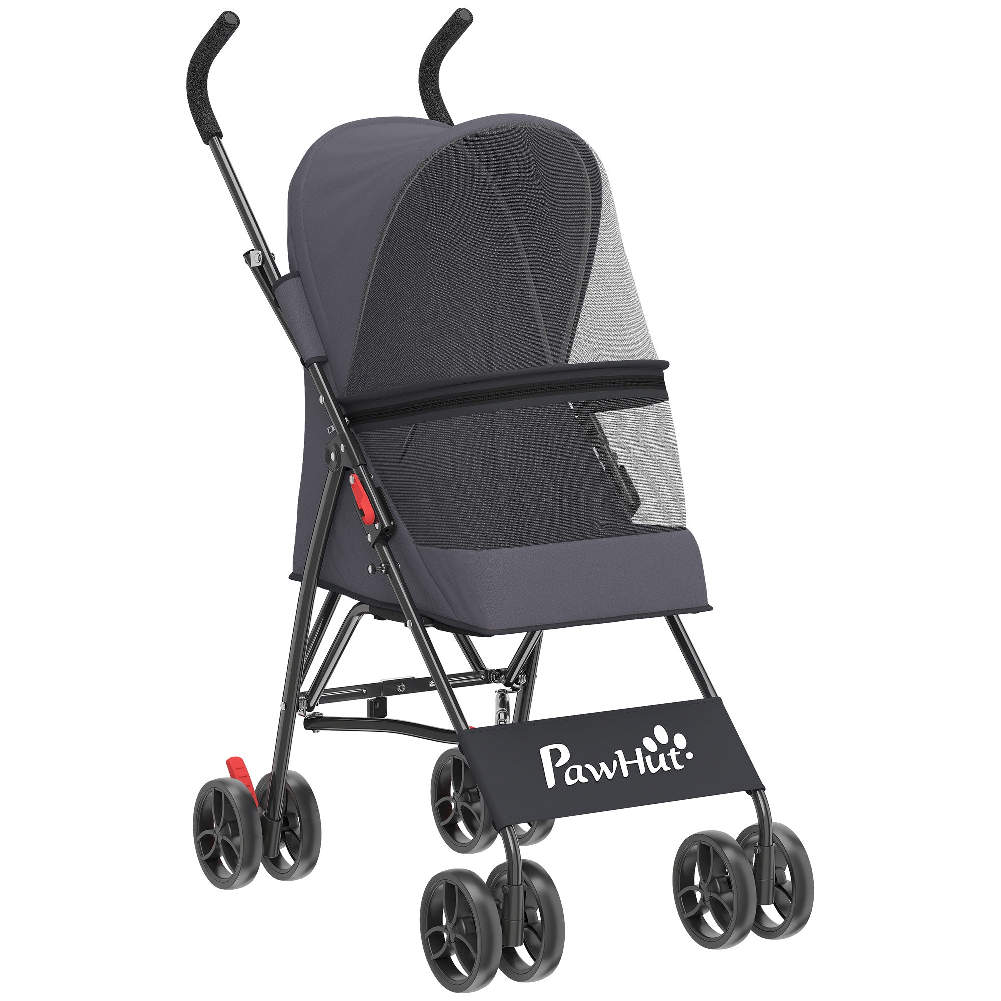 PawHut Dog Stroller, Foldable Cat Dog Pram for Miniature Breeds, Pet Stroller with Brake, Mesh Windows, Dark Grey 