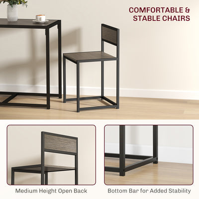 HOMCOM Dining Table and Chairs Set 2, Dining Room Sets, Rectangular Space Saving Table and 2 Chairs for Compact Kitchens, Steel Frame, Grey Wood-Effect 