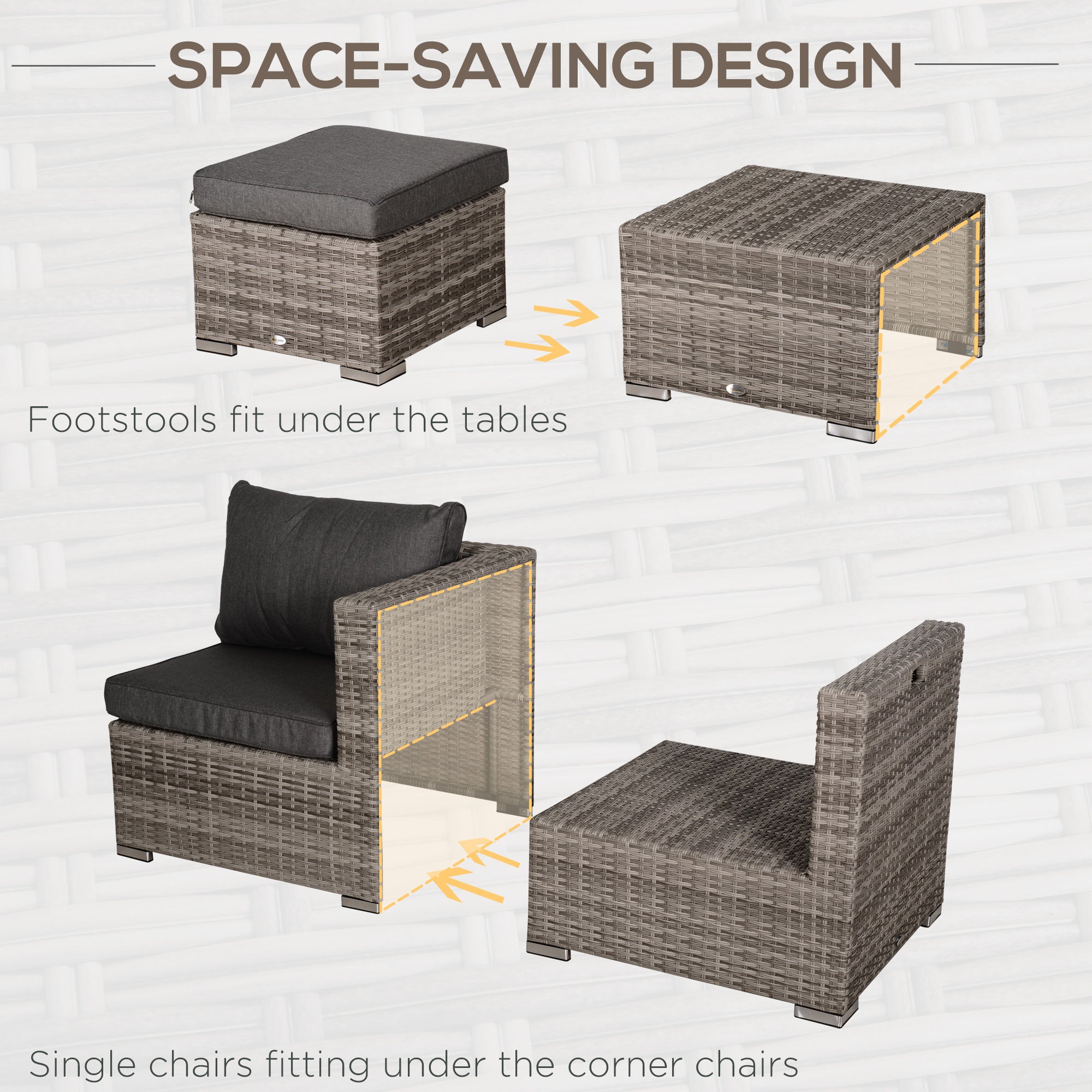 Outsunny 8 Pieces Rattan Garden Furniture Set, Garden Corner Sofa Set with 4 Chairs, 2 Footstools, 2 Coffee Tables and Cushions, Space-Saving Design, No Assembly Required, Grey 