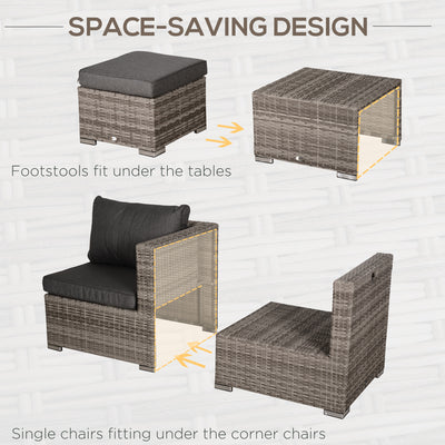 Outsunny 8 Pieces Rattan Garden Furniture Set, Garden Corner Sofa Set with 4 Chairs, 2 Footstools, 2 Coffee Tables and Cushions, Space-Saving Design, No Assembly Required, Grey 