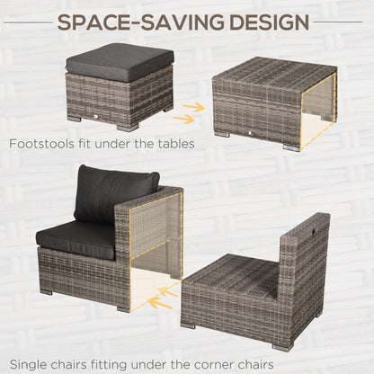 Outsunny 8 Pieces Rattan Garden Furniture Set, Garden Corner Sofa Set with 4 Chairs, 2 Footstools, 2 Coffee Tables and Cushions, Space-Saving Design, No Assembly Required, Grey 