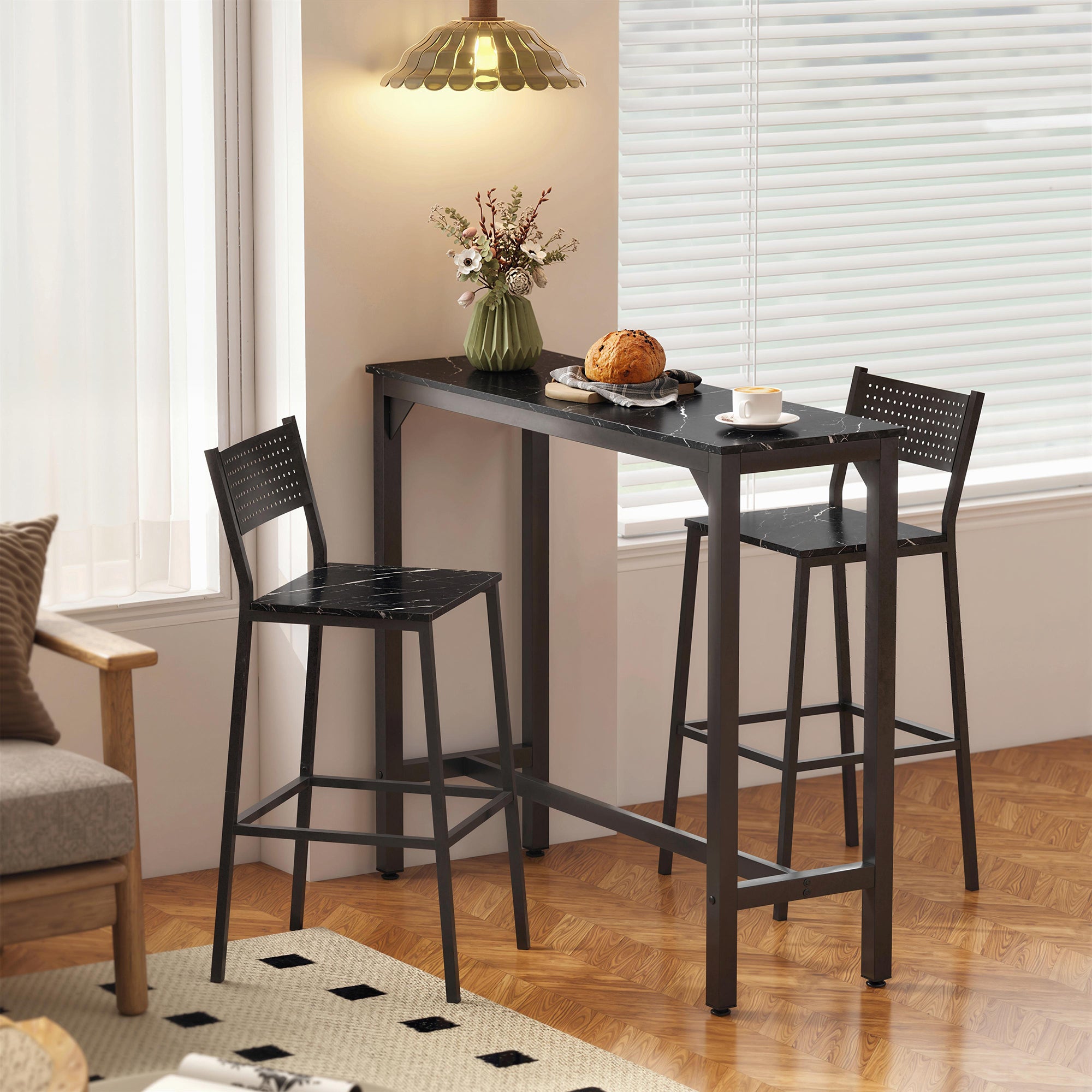 HOMCOM Rectangular Bar Table, Marble Effect Pub Coffee Table for Small Space, Breakfast Dining, Black Marble Effect 