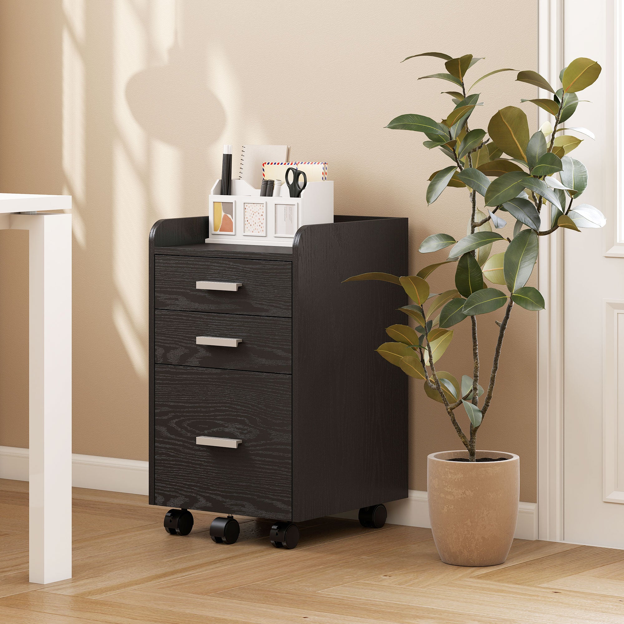 HOMCOM 3 Drawer Filing Cabinet, Rolling File Cabinet with Edged Top for Letter, A4 Size, Hanging File Folders, Black 
