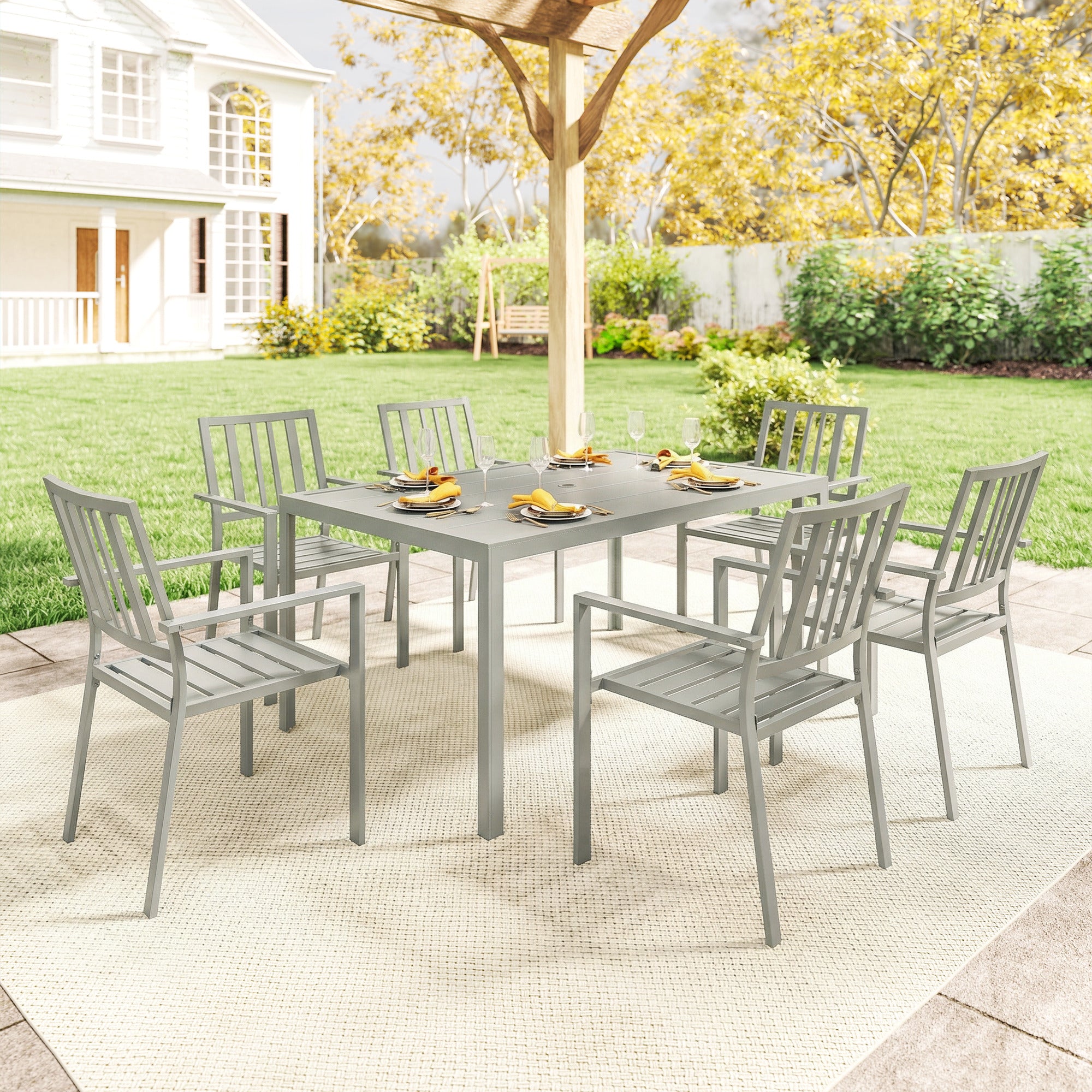 Outsunny Garden Table and Chairs for 6, 7 Pieces Garden Furniture Set with Table, 6 Stackable Chairs and Umbrella Hole Light Grey 