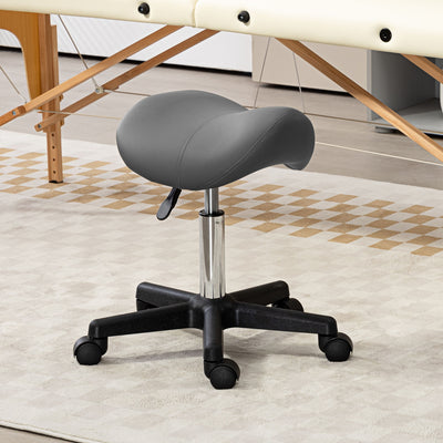 HOMCOM Saddle Stool, PU Leather Adjustable Rolling Salon Chair with Steel Frame for Massage, Spa, Beauty and Tattoo, Grey 