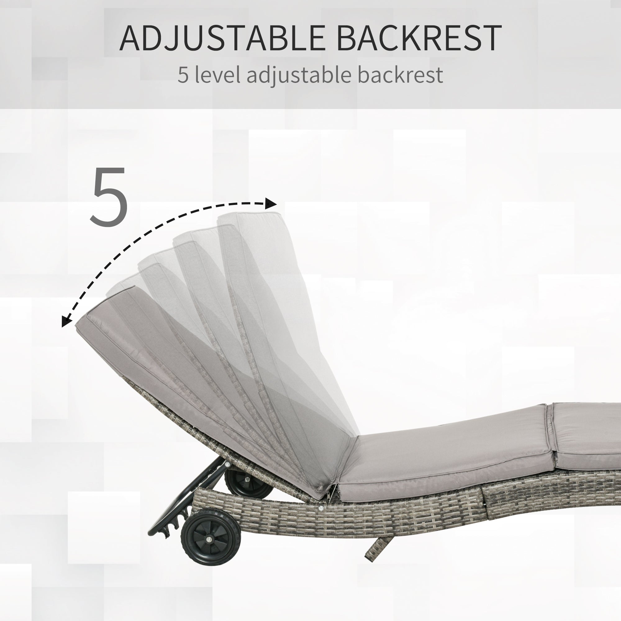 Outsunny Patio Wicker Chaise Lounge Chair, Outdoor PE Rattan Sun Lounger with Adjustable Backrest and 2 Wheels, Grey 