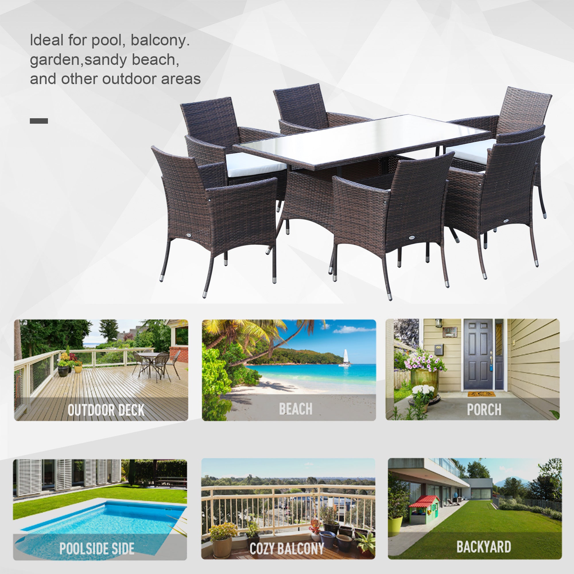 Outsunny 6 Seater Rattan Dining Set with Cushions, Rattan Garden Furniture Set with 6 Armchairs, Rectangular Glass Top Table, Outdoor Dining Table and Chairs, Brown 