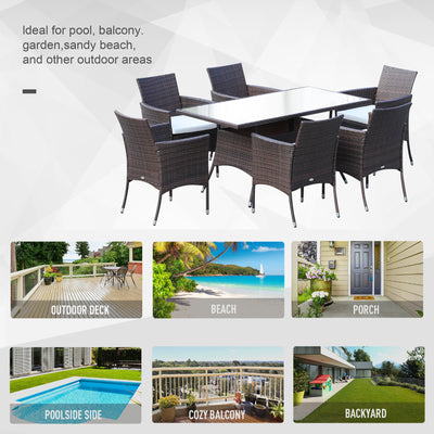 Outsunny 6 Seater Rattan Dining Set with Cushions, Rattan Garden Furniture Set with 6 Armchairs, Rectangular Glass Top Table, Outdoor Dining Table and Chairs, Brown 