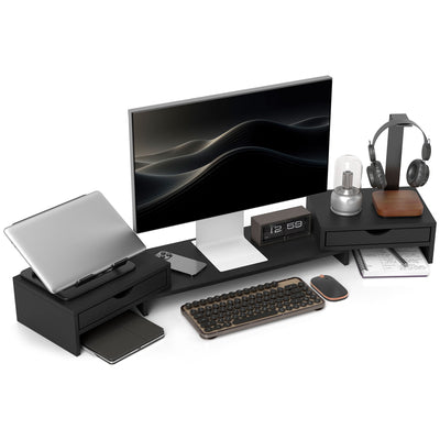 HOMCOM Dual Monitor Stand Riser with 2 Drawers, Adjustable Length and Angle, 116cm Monitor Riser for Laptop, Computer, PC, Small Printer, Black 