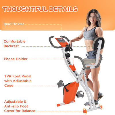 HOMCOM 2-in-1 Folding Exercise Bike with 8-Level Magnetic Resistance, Arm Resistance Band, Pulse Sensor, Orange 