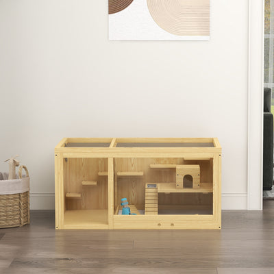PawHut Wooden Hamster Cage with Water Bottle, Platforms, Openable Roof, Sliding Tray, Hut, Seesaws, Natural Wood Finish 