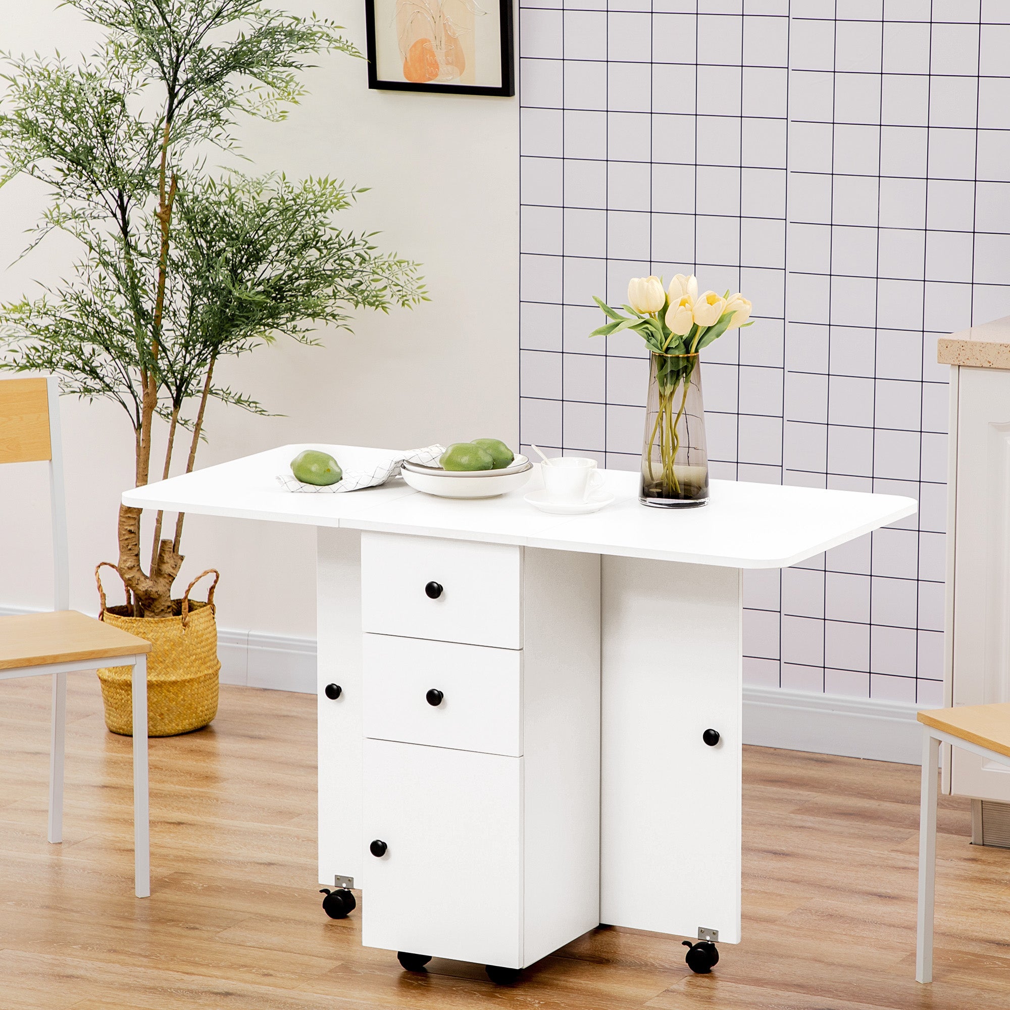 HOMCOM Multi-Storage Six-Person Drop Leaf Dining Table -  White