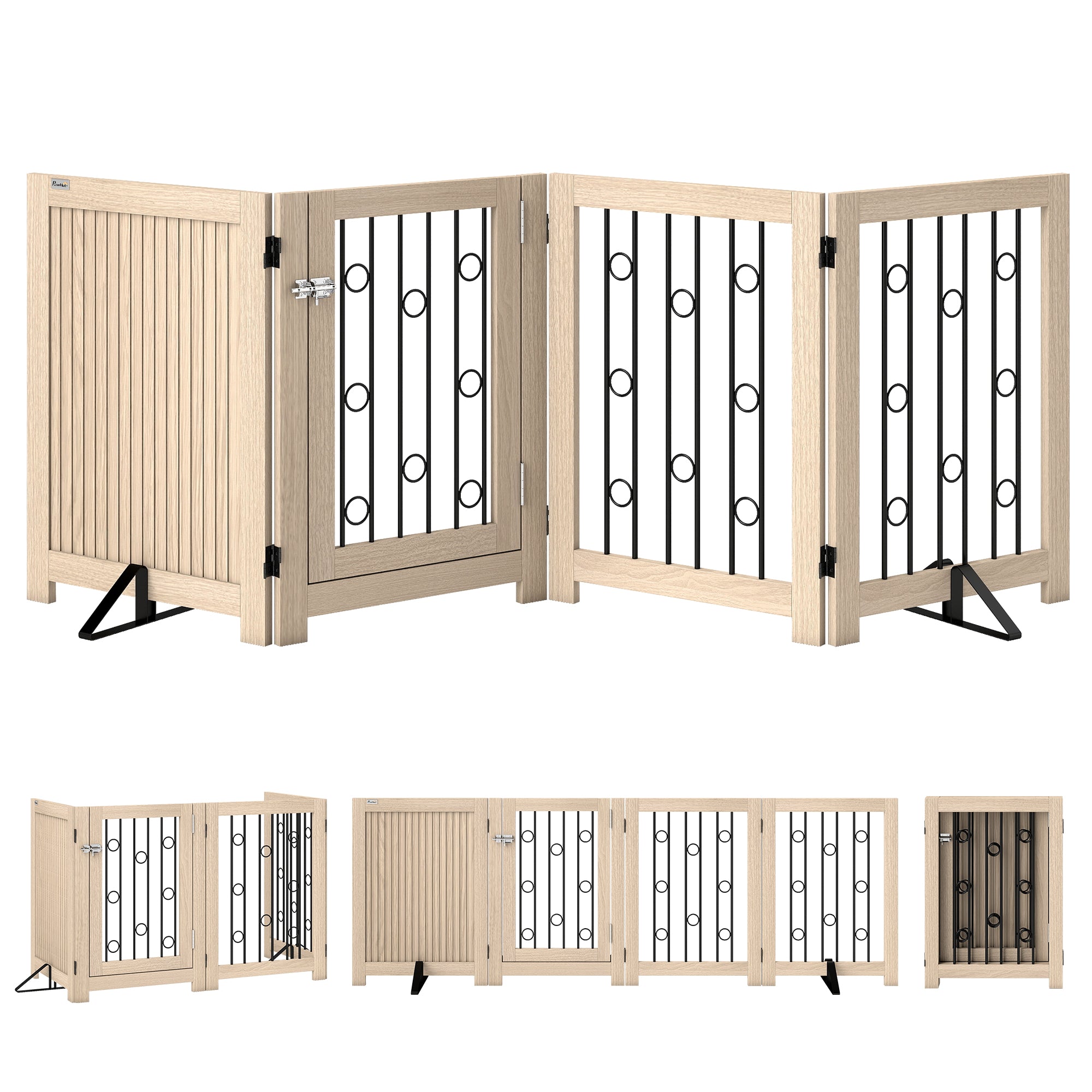 PawHut 4 Panel Freestanding Pet Gate, Indoor Dog Barrier with Lockable Door, Support Feet, 360° Flexible Hinges, Oak 