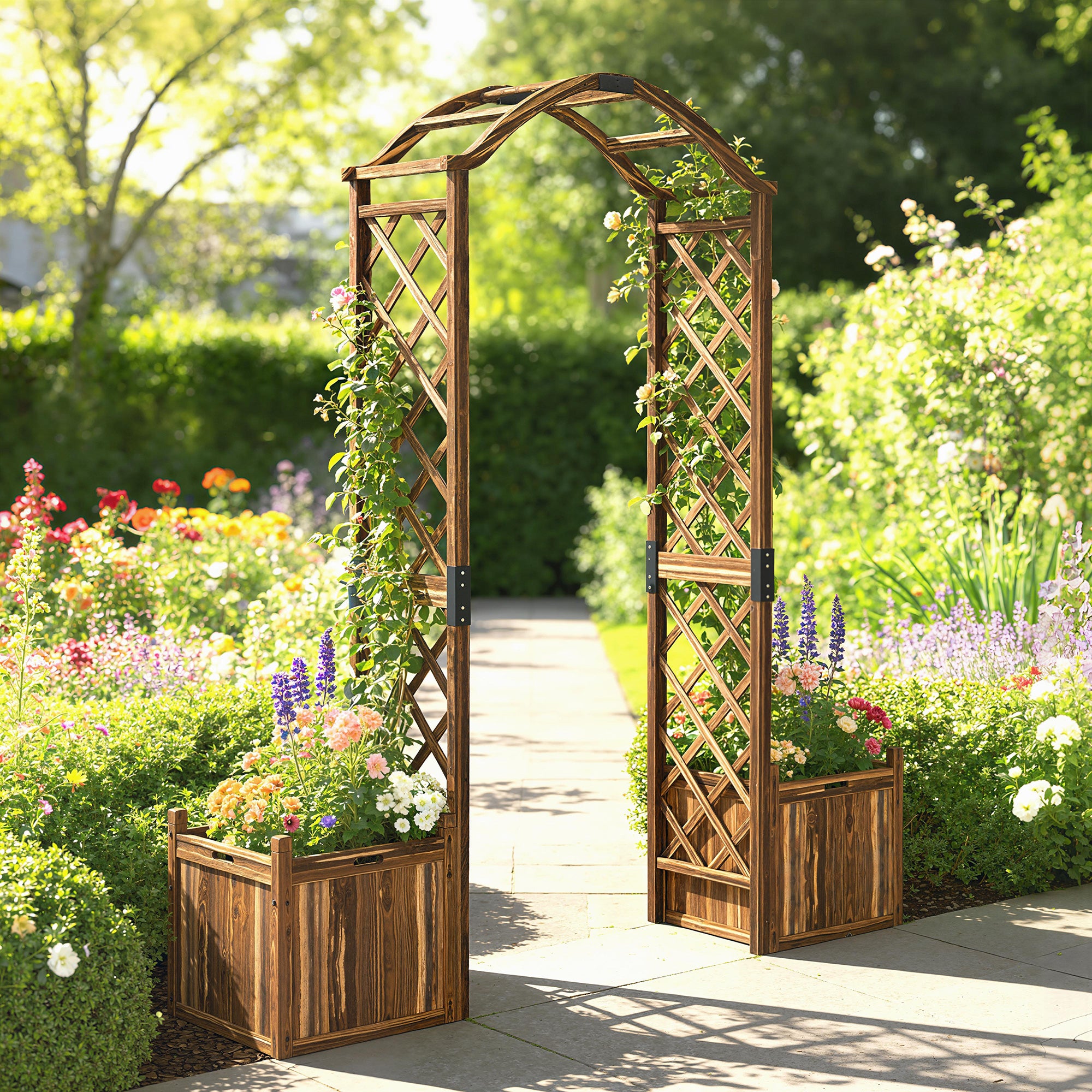 Outsunny Wooden Garden Arch with 2 Planter Boxes, Outdoor Rose Arch Trellis for Climbing Vines, Carbonised 
