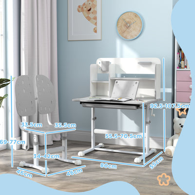 AIYAPLAY Height Adjustable Kids Desk and Chair Set, Children School Study Desk with Tiltable Desktop, Reading Rack, Grey 