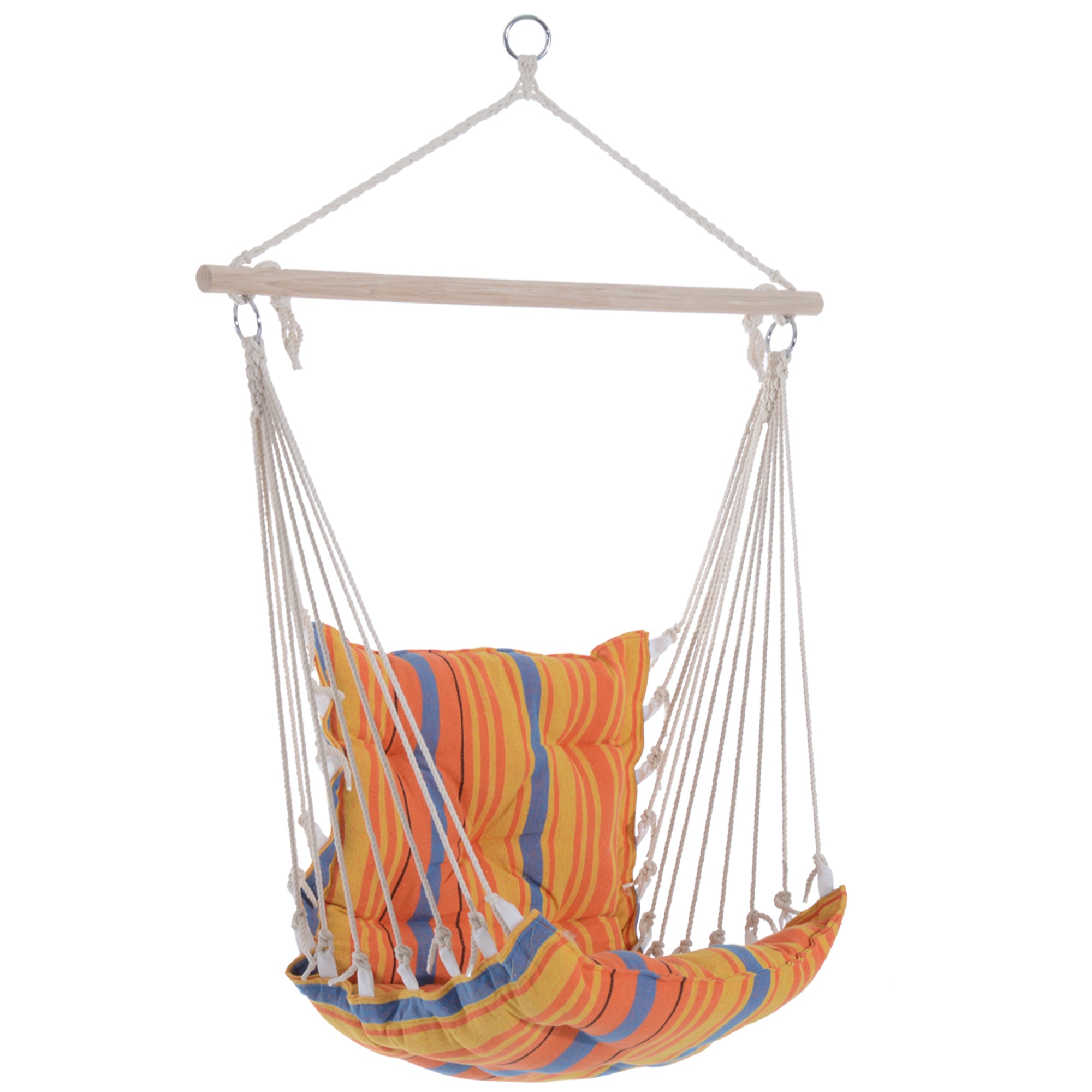Outsunny Outdoor Hanging Rope Chair with Soft Padded Seat & Backrest, Garden Hammock Chair with Wooden Support Bar Cotton Cloth, Portable Garden Chair for Patio & Tree, Orange 