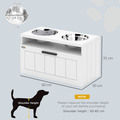 PawHut Raised Dog Bowl with Slow Feeder & 2 Stainless Steel Dog Bowl, 25L Storage Drawer, for Large & Extra Large Dogs, White 