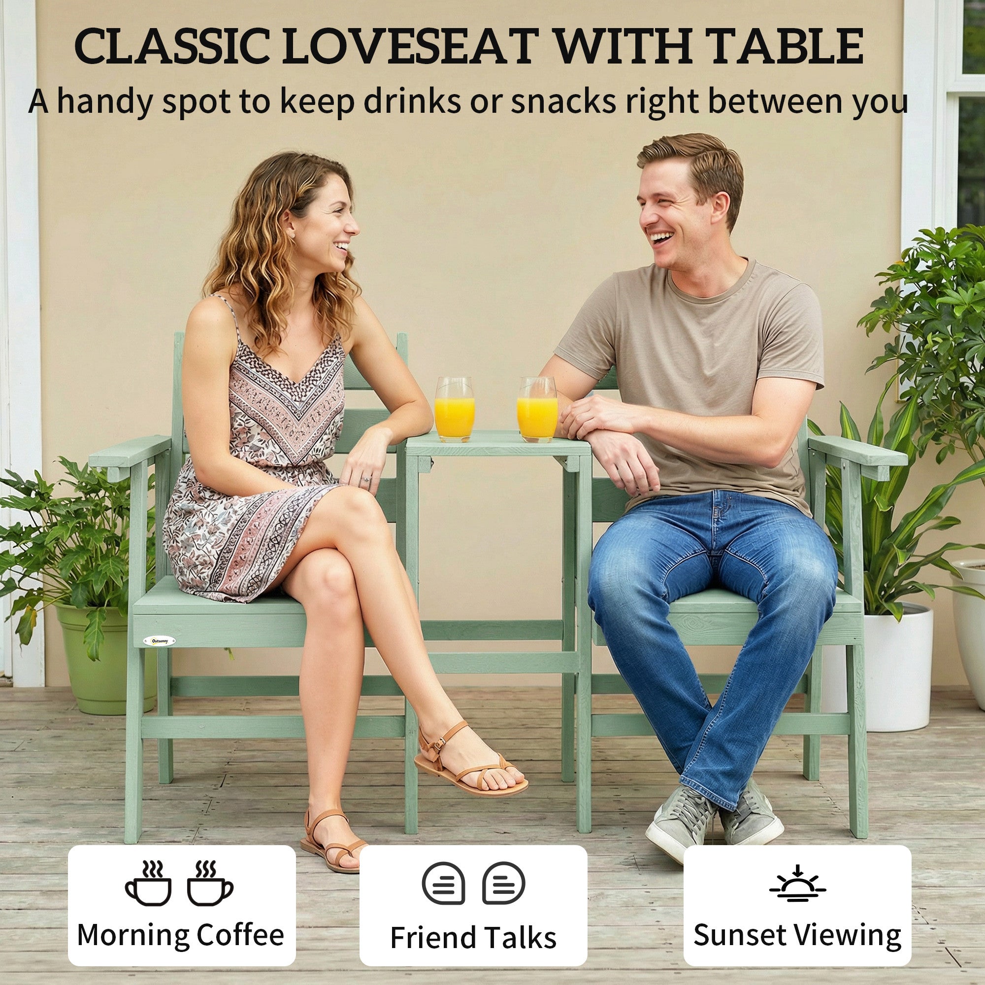 Outsunny Outdoor Garden Loveseat, Embossed Wooden Jack and Jill Garden Seat with Integrated Table, Green 