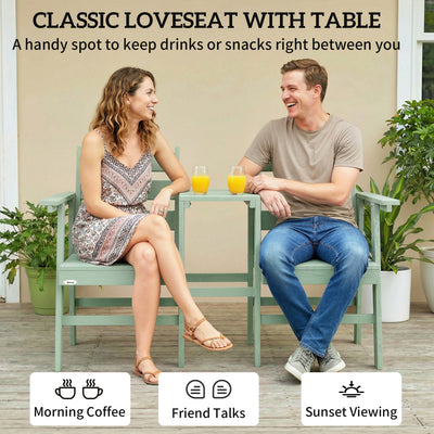 Outsunny Outdoor Garden Loveseat, Embossed Wooden Jack and Jill Garden Seat with Integrated Table, Green 