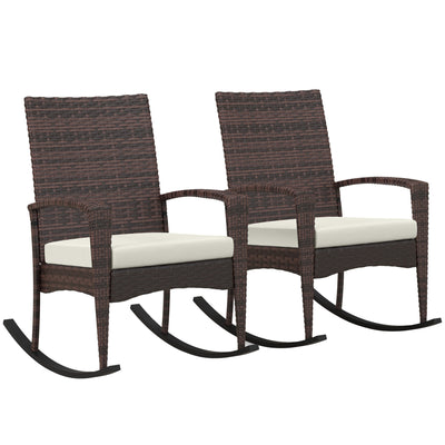 Outsunny Outdoor PE Rattan Rocking Chair Set of 2, Garden Rocking Chair Set with Armrest and Cushion, Brown 
