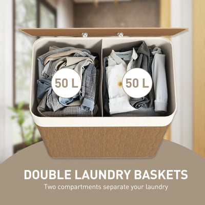 HOMCOM Double Laundry Basket with Lid, 100L Bamboo Laundry Hamper with Rope Handles, Washing Basket with Removable Liner for Bathroom, Bedroom, Brown 