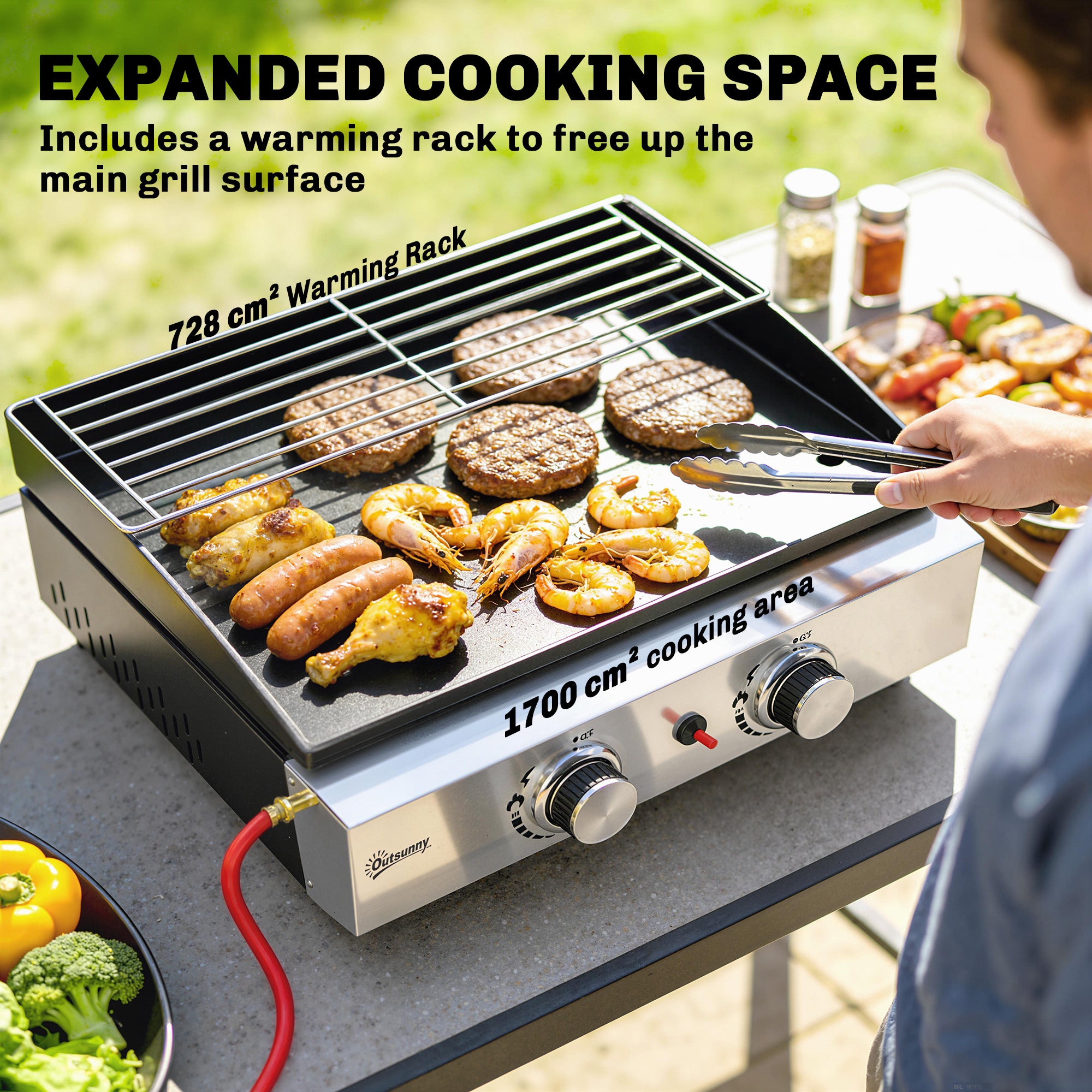 Outsunny 2 Burner Grill Griddle, Portable Gas Plancha with Warming Rack, 5 kW, Tabletop Gas BBQ with Grease Cup, Black 