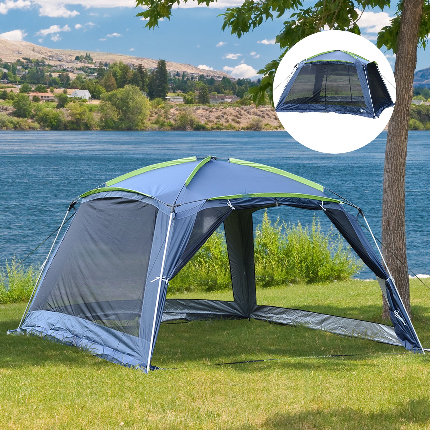 Outsunny 5-8 Persons Pop Up Tent Camping Gazebo Garden Tent-Dark Blue/Green 
