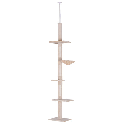 PawHut Floor to Ceiling Cat Tree for Indoor Cats 5-Tier Kitty Tower Climbing Activity Center Scratching Post Adjustable Height 230-260 cm Beige 