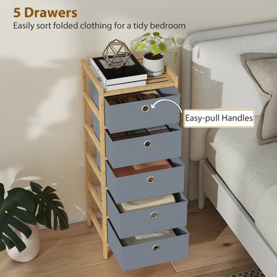 HOMCOM Chest of Drawers, 5 Fabric Drawers Narrow Dresser with Bamboo Frame, Light Grey 