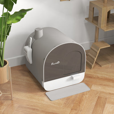 PawHut Hooded Cat Litter Box, Kitten Litter Tray, with Lid, Scoop, Filter, Flap Door, Light Grey 