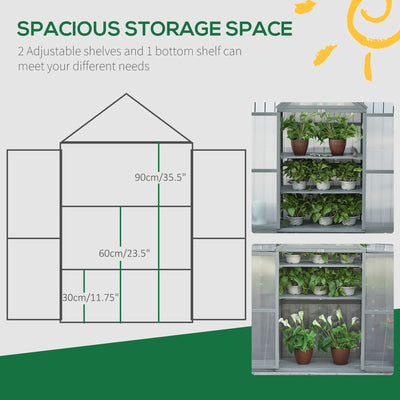 Outsunny Garden Cold Frame Polycarbonate Greenhouse with Adjustable Shelves, Double Doors, Openable Top Covers, Grow House for Flower Vegetable Plants, 80 x 47 x 138cm, Grey 