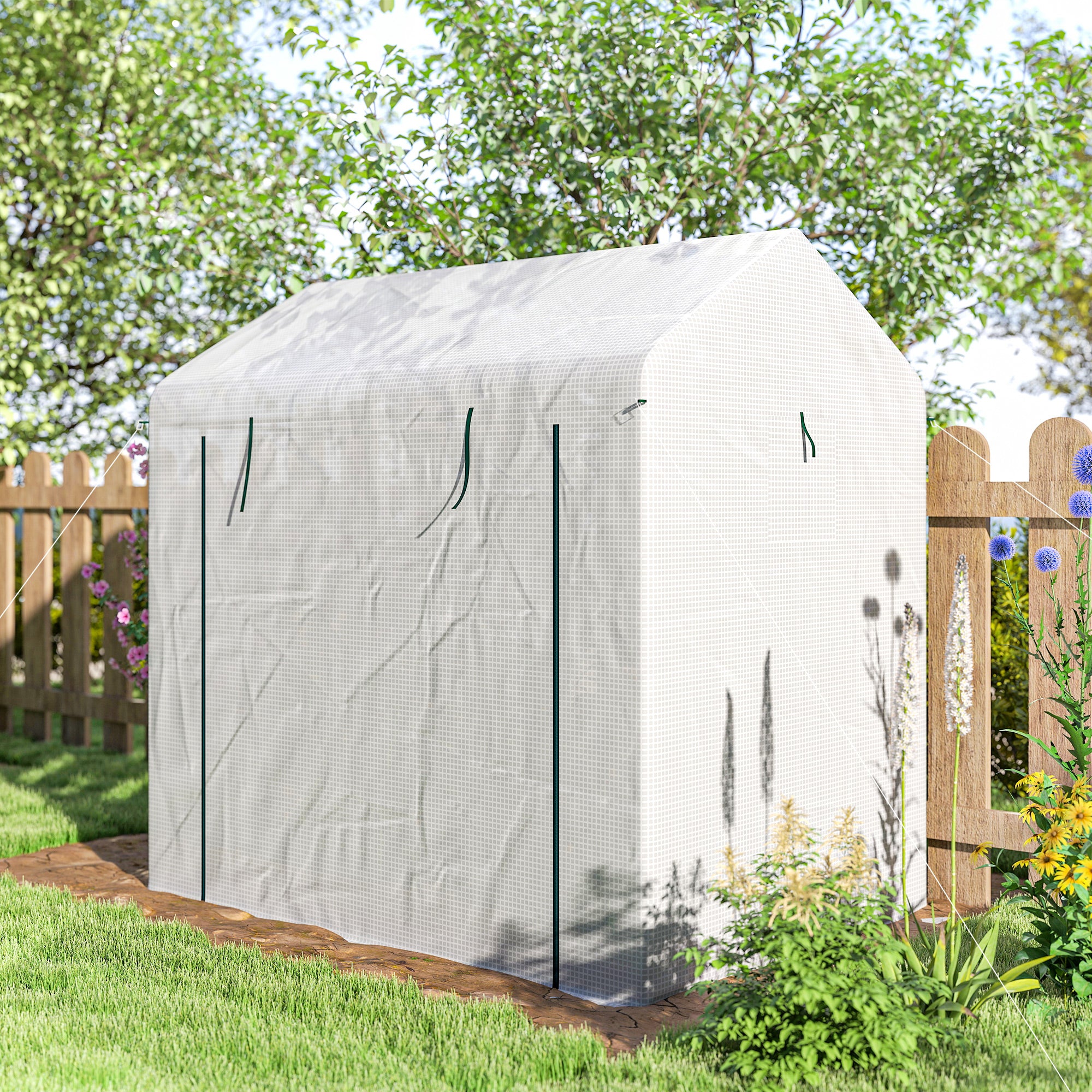 Outsunny Walk-in Greenhouse, Outdoor Tomato Greenhouse with Roll-up Door and Mesh Windows, PE Cover, 200 x 140 x 200cm, White 