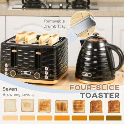 HOMCOM Kettle and Toaster Sets, 3000W 1.7L Rapid Boil Kettle & 4 Slice Toaster with 7 Browning Controls, Defrost, Reheat and Crumb Tray, Otter thermostat, Black 