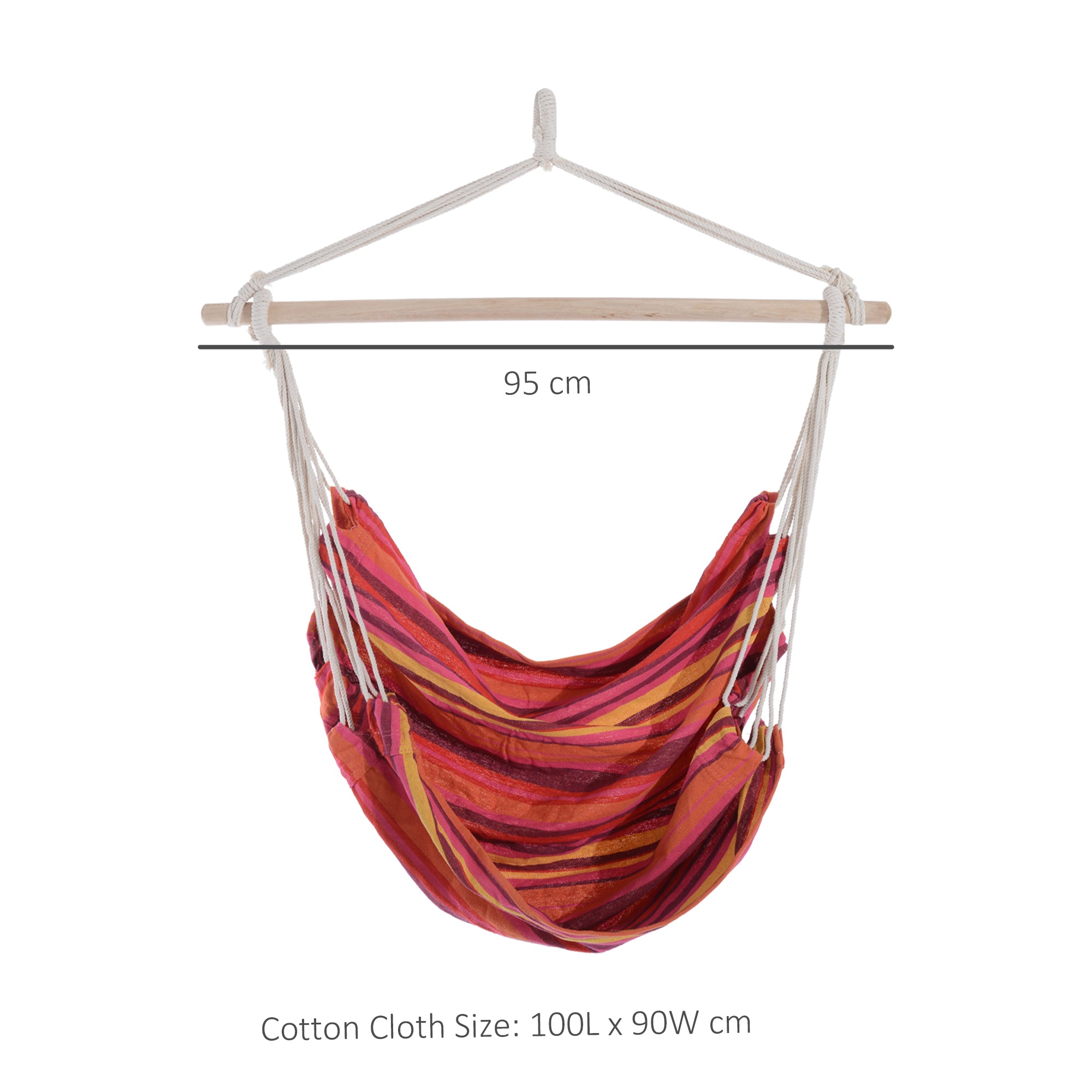 Outsunny Outdoor Hanging Rope Chair with Cotton Rope, Garden Hammock Chair with Wooden Support Bar Cotton Cloth, Portable Garden Chair for Patio & Tree, Red 