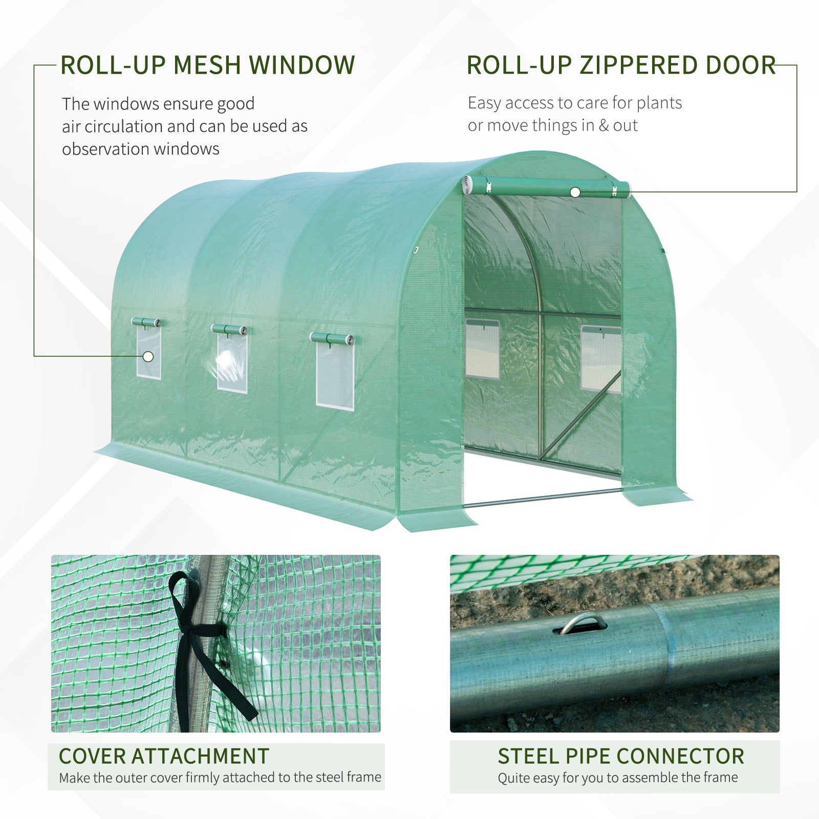 Outsunny 4 x 2 x 2 m Polytunnel Greenhouse with Roll-up Door and 6 Mesh Windows, Walk-in Garden Tunnel Warm House Tent with UV-resistant PE Cover and Galvanised Steel Frame, Green 