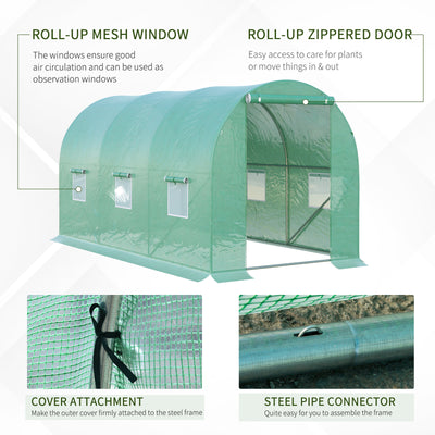 Outsunny 4 x 2 x 2 m Polytunnel Greenhouse with Roll-up Door and 6 Mesh Windows, Walk-in Garden Tunnel Warm House Tent with UV-resistant PE Cover and Galvanised Steel Frame, Green 