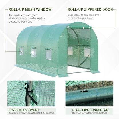 Outsunny 4 x 2 x 2 m Polytunnel Greenhouse with Roll-up Door and 6 Mesh Windows, Walk-in Garden Tunnel Warm House Tent with UV-resistant PE Cover and Galvanised Steel Frame, Green 