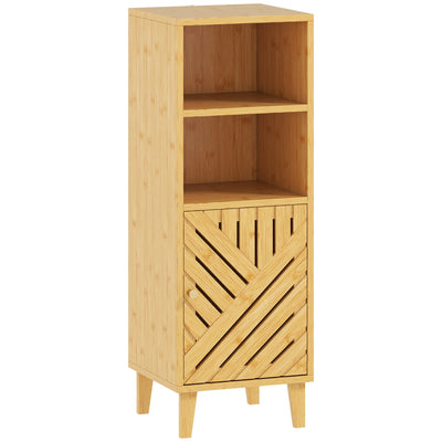 HOMCOM Slim Bathroom Cabinet with Bamboo Door and Legs, Narrow Bathroom Storage Cabinet, Freestanding Storage Cupboard with Open Compartments, 32 x 30 x 90 cm, Natural Wood Finish 