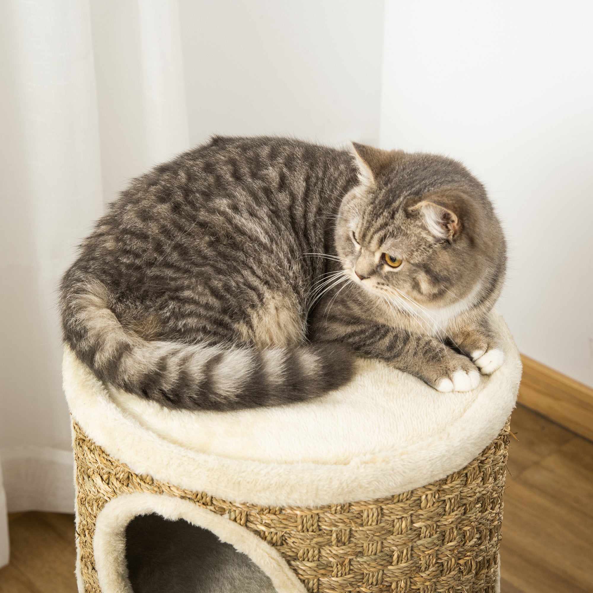 PawHut Cat Scratching Barrel Kitten Tree Tower for Indoor Cats Pet Furniture Climbing Frame Covered with Sisal and Seaweed Rope Cozy Platform Soft Plush 