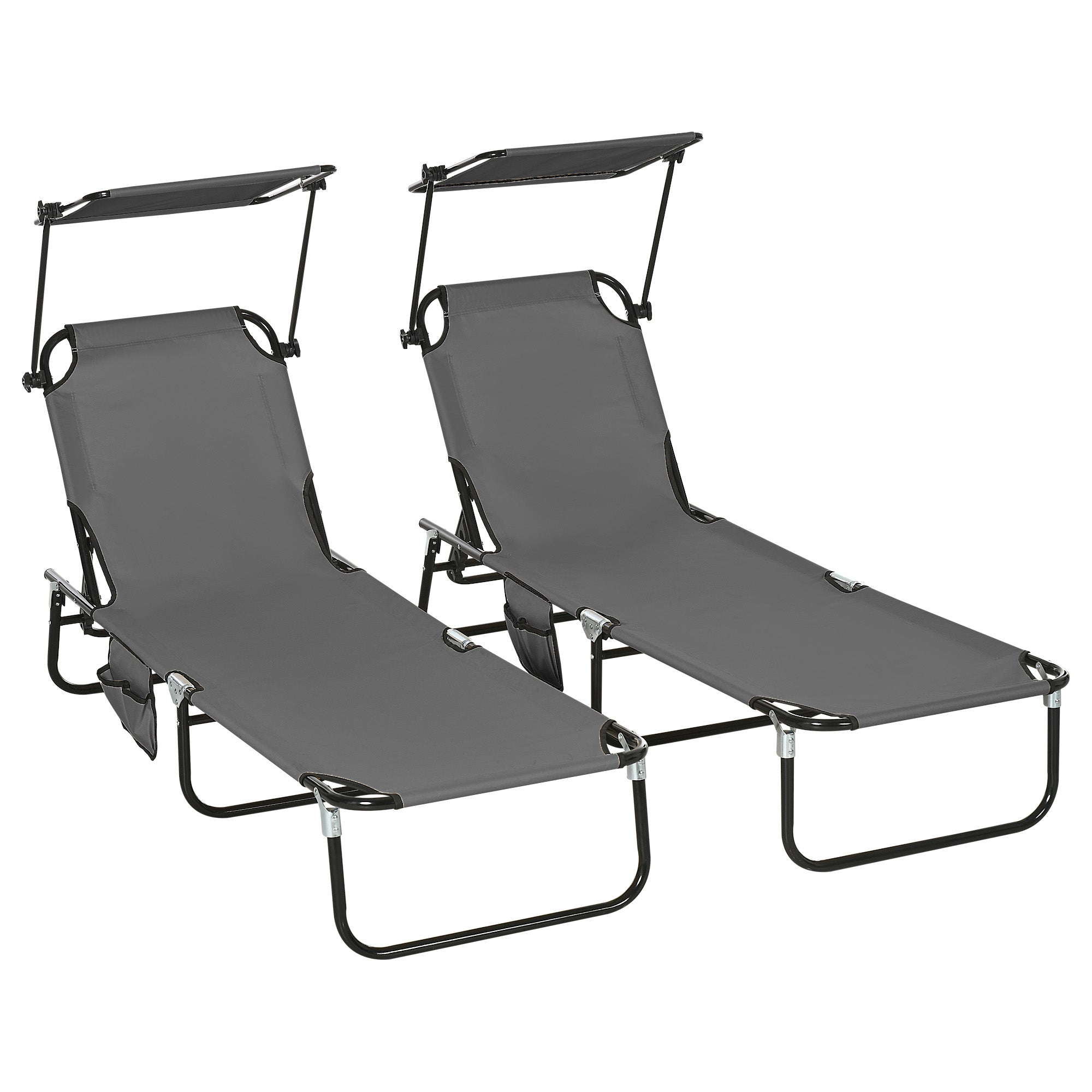 Outsunny 2 Piece Folding Sun Loungers with Canopy, Adjustable Recliner Garden Chairs with Side Pocket, Steel Frame and Breathable Mesh for Outdoor, Pool, Beach, Garden, Dark Grey