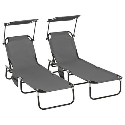 Outsunny 2 Piece Folding Sun Loungers with Canopy, Adjustable Recliner Garden Chairs with Side Pocket, Steel Frame and Breathable Mesh for Outdoor, Pool, Beach, Garden, Dark Grey