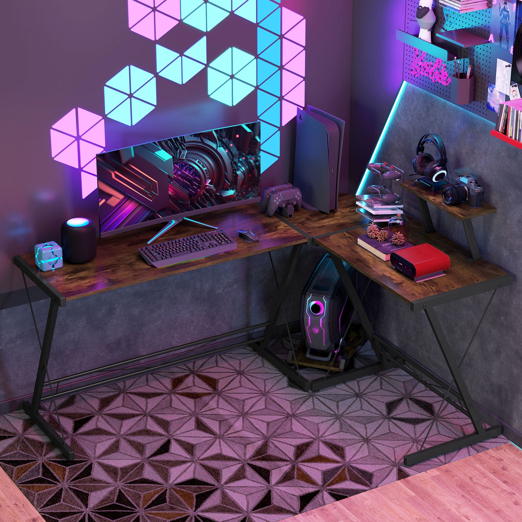 HOMCOM L Shaped Corner Desk, Gaming Desk, Computer Table with Monitor Stand and CPU Stand, Study Workstation for Home Office, 155 x 115 x 91.5cm, Rustic Brown and Black 