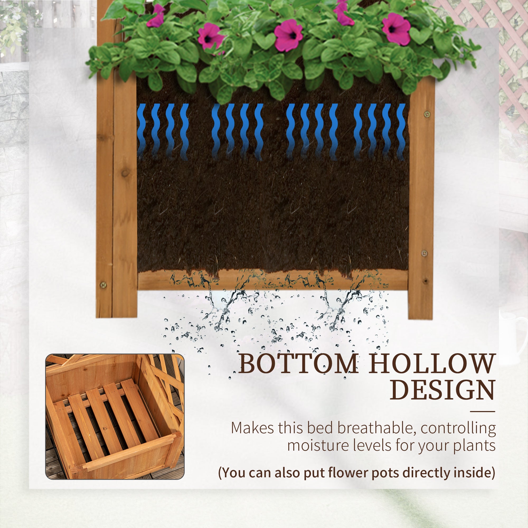 Outsunny Wooden Planter with Corner Trellis, Freestanding Raised Garden Bed with Drainage Bottom, Outdoor Planter Box, Brown 