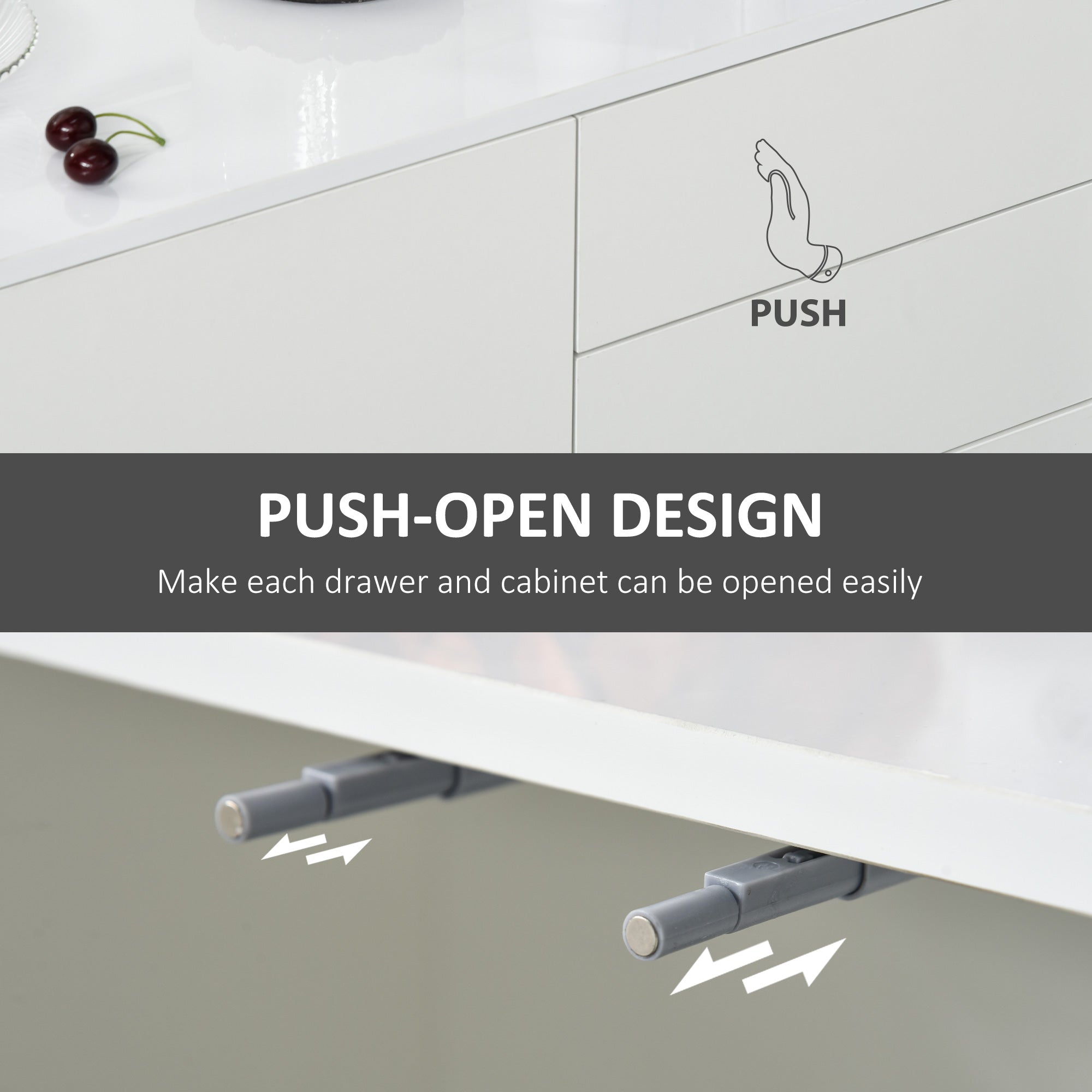 HOMCOM High Gloss Side Cabinet, Push-Open Design with 2 Drawers and 2 Cabinets for Living Room, 74H x 117W x 36Dcm, White 